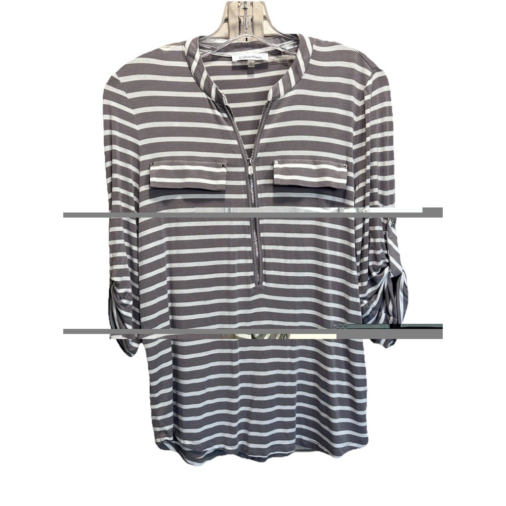 Calvin Klein Striped 3/4 Sleeve Top Size Smโ 1/2 Zip Neck Gray/White